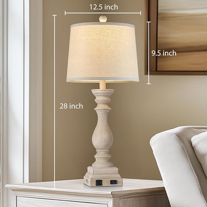 28" Farmhouse Table Lamps Set of 2 with USB C+A Ports and AC Outlet, 3 Way Touch Tall Vintage Bedside Lamp for Living Room, Beige Rustic Nightstand Lamp for Bedroom Office - Bloomnest