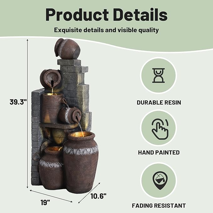 6-Tiers Garden Waterfall Fountain Outdoor - 40''H Water Fountains and Waterfalls, Large Outdoor/Indoor Floor Standing Resin Water Fountain with LED Light for Patio, Garden and Home (Grey) - Bloomnest
