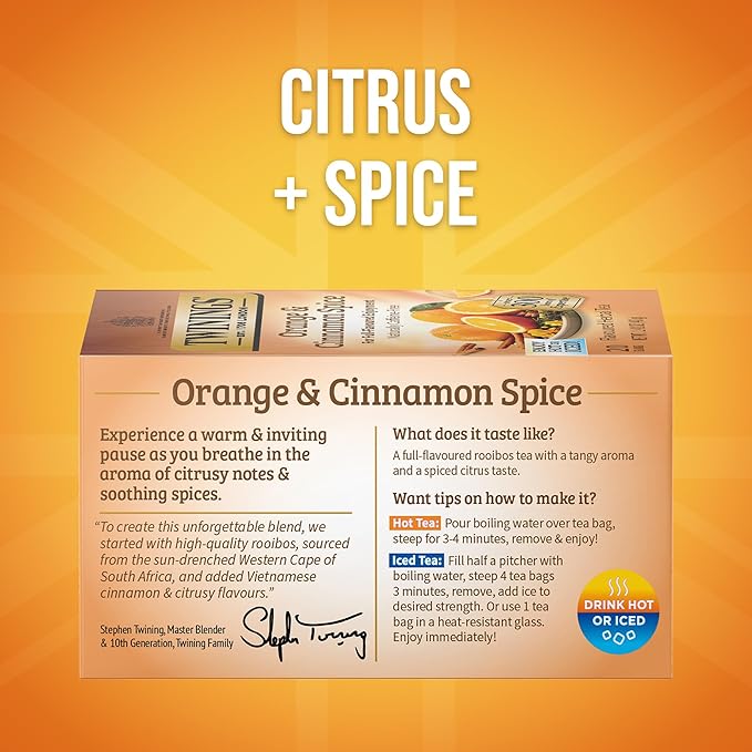 Twinings Orange & Cinnamon Spice Herbal Tea Individually Wrapped Bags, 20 Count (Pack of 4), Naturally Caffeine-Free, Enjoy Hot or Iced, 80 Teabags - Bloomnest