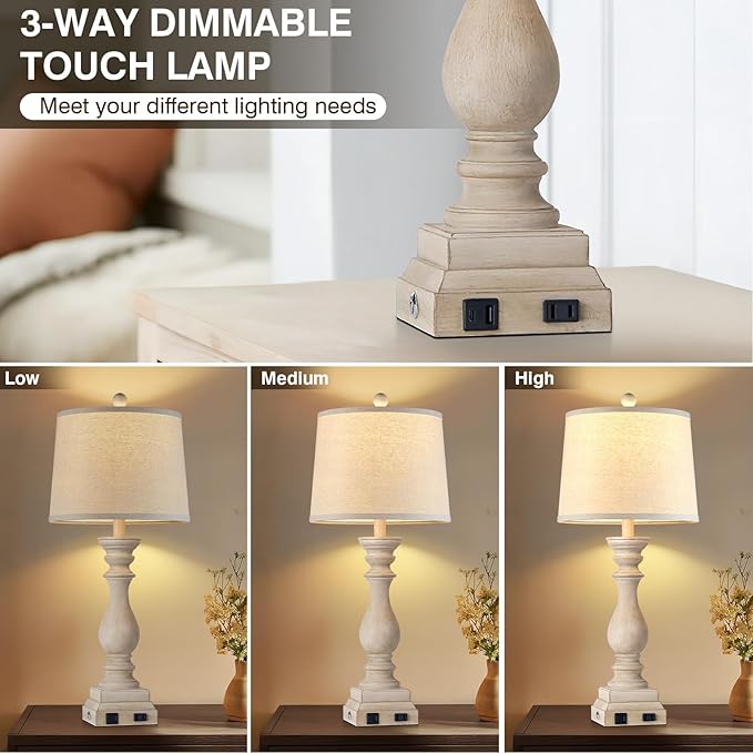 28" Farmhouse Table Lamps Set of 2 with USB C+A Ports and AC Outlet, 3 Way Touch Tall Vintage Bedside Lamp for Living Room, Beige Rustic Nightstand Lamp for Bedroom Office - Bloomnest