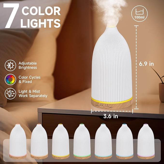 URPOWER 100ML Essential Oil Diffusers for Home with 7 LED Color Changing Lights, Timer & Auto-Off Ultrasonic Aromatherapy Diffuser Cool Mist Humidifer Scent Diffuser for Bedroom, Office, Yoga - Bloomnest