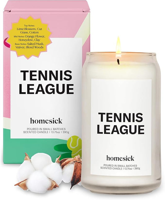 Homesick Scented Candles for Home (Tennis League) - 13.75 oz Long-Lasting Soy Wax Blend Jar Candle Gifts for Women & Men, 60-80 Hours Burn Time - Notes of Lime Blossom, Orange Flower, Salted Musk - Bloomnest