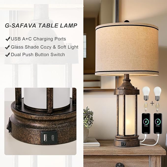 25'' Table Lamp for Living Room Bedroom Farmhouse Metal Lamps with 2 USB Ports, Built-in Frosted Glass Night Light Vintage Industrial Nightstand Bedside End Lamp, 2 Bulbs Included, Bronze - Bloomnest