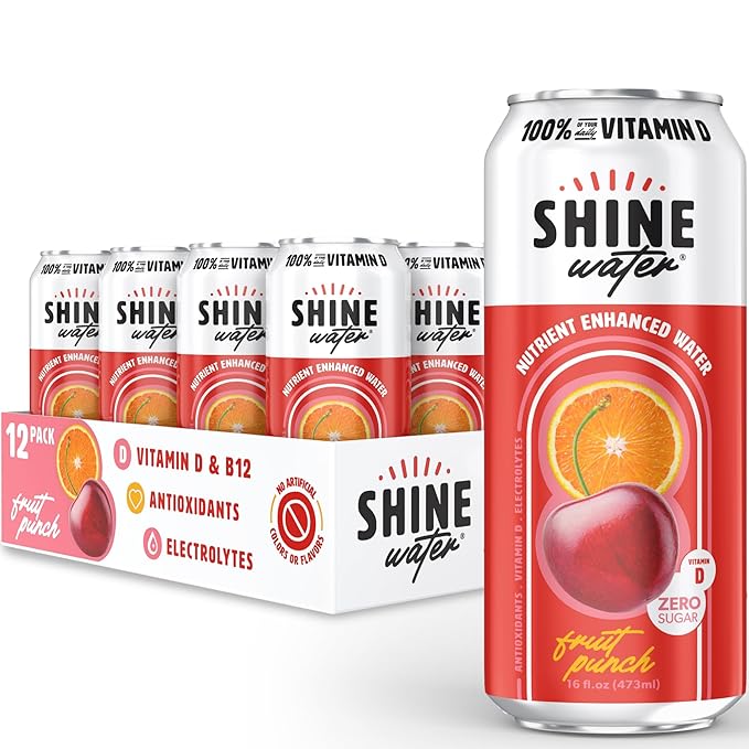 Shine Water Fruit Punch Vitamin D Electrolyte Drinks 12-Pack, Sugar Free Flavored Water with Magnesium, Zinc & Antioxidants, Low Calorie Hydration Beverage, Plant-Based Vitamin Water Zero Sugar - Bloomnest