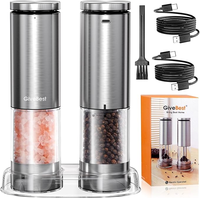 GiveBest Electric Salt and Pepper Grinder Set – Rechargeable Stainless Steel Mills, 100 ml Automatic Shakers Set with 6-Level Adjustable Coarseness and Light, Upgraded Larger Capacity - Bloomnest