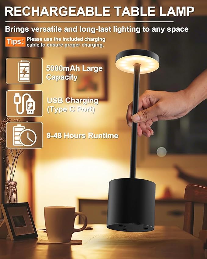 Cordless Table Lamp Set of 2, Rechargeable 5000mAh Battery Powered Outdoor Table Lamps, Portable LED Desk Lamp, 3 Color Dimmable Light for Restaurant, Patio, Bedroom, Bedside Night Lamp(Black) - Bloomnest