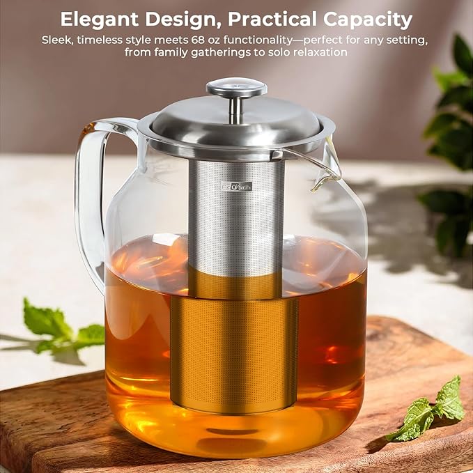 Aquach 68oz Glass Teapot with Built-in Thermometer, Stovetop & Dishwasher Safe, Borosilicate Carafe and Stainless Steel Removable Infuser - Bloomnest