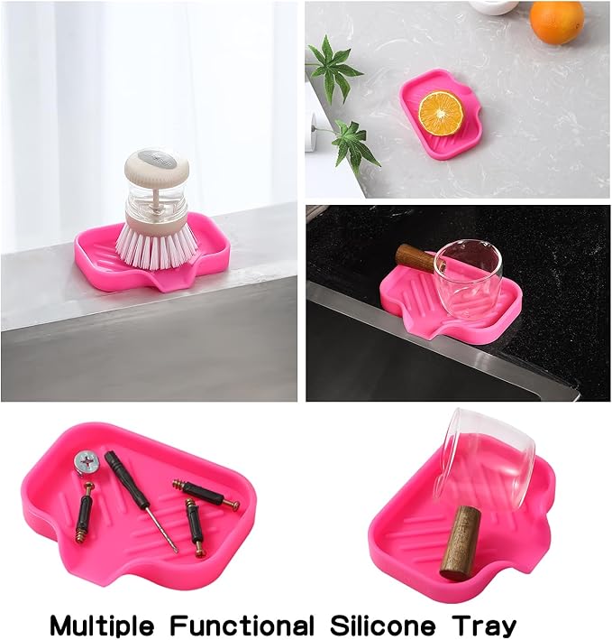 Silicone Bathroom Soap Dishes with Drain Spout-Bathroom and Kitchen Sink Organizer,Sponge Holder,Dish Soap Tray,Perfect for Dispenser,Scrubber,Bottle,Cup on Sink or Counter-Rose 4.9"×3.2" - Bloomnest