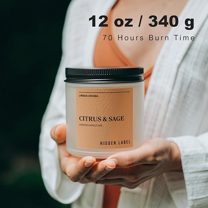 Hidden Label Citrus Sage Scented Candle, 12oz 2 Wick Natural Soy Non Toxic Candles, Clean Burning Long Lasting Aromatherapy for Home | Gifts | Décor,Premium Scents for Relaxation & Stress Relief - Bloomnest