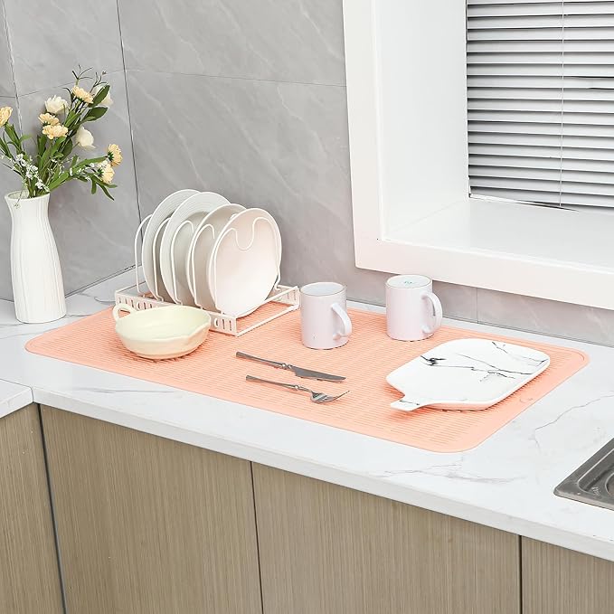 Silicone Dish Drying Mat for Multiple Usage,Easy clean,Eco-friendly,Heat-resistant Silicone Mat for Kitchen Counter or Sink,Refrigerator or Drawer Liner Pink 5XL 36inches x 18inches - Bloomnest