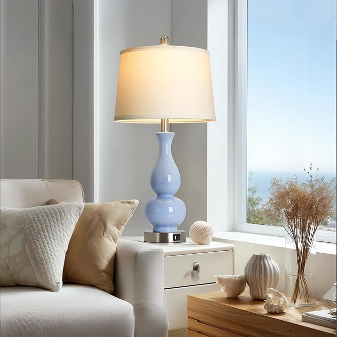 27" Blue Gourd Ceramic Lamps Set of 2, Coastal Ceramic Table Lamps for Living Room with USB A+C Ports, Classic Bedside Lamp for Nightstand, Tall Lamps for Bedroom Side End Table Home Decor - Bloomnest