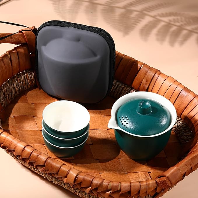Porcelain Chinese Gongfu Tea Sets for Adults Portable Kungfu Teapot and Cup Set Small Ceramic Tea Party Set Travel Teaset with Lid for Home Gifting Outdoor and Office (Green) - Bloomnest
