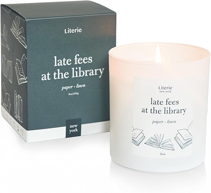 Literie NYC Inspired Scented Candle: Late Fees at The Library - Paper & Linen Scent, 9oz, 50 Hour Burn, Vegan Soy & Coconut Blend Candle for Home Decor, Gift for Women & Men - Bloomnest