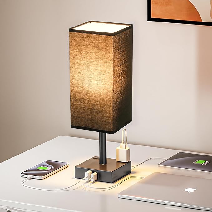 Touch Bedside Table Lamp for Nightstand - 3-Way Dimmable Night Lamp with USB A + Type C Charging Ports and Two AC Outlets, Small Desk Light with E26 LED Bulb for Bedroom Living Room Dorm Office,Black - Bloomnest