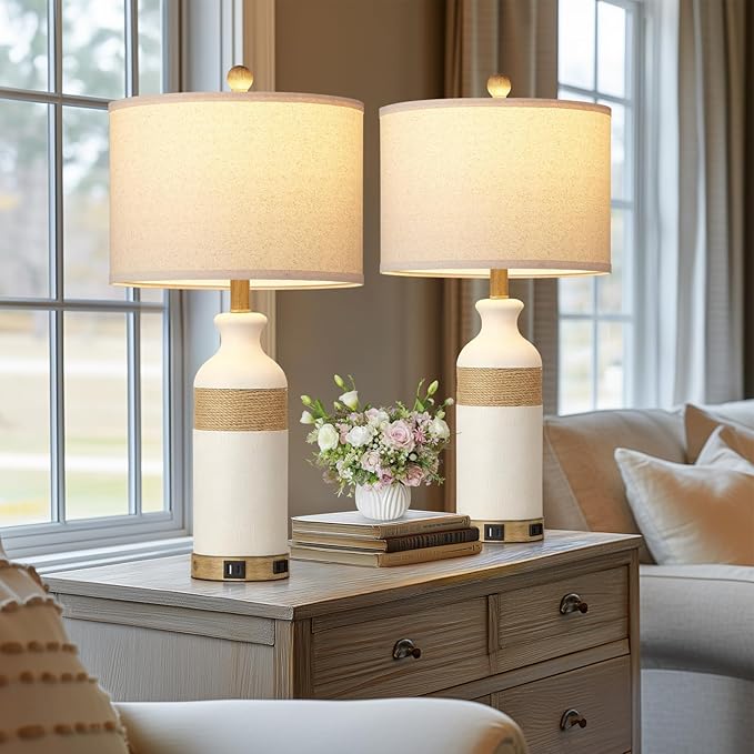 Boho Rattan Table Lamps for Bedroom Nightstand 26" Farmhouse Bedside lamp Set of 2 with USB C+A Ports & AC Outlet,3-Way Dimmable Touch Control Vintage Lamps for Living Room(Include Bulbs) - Bloomnest