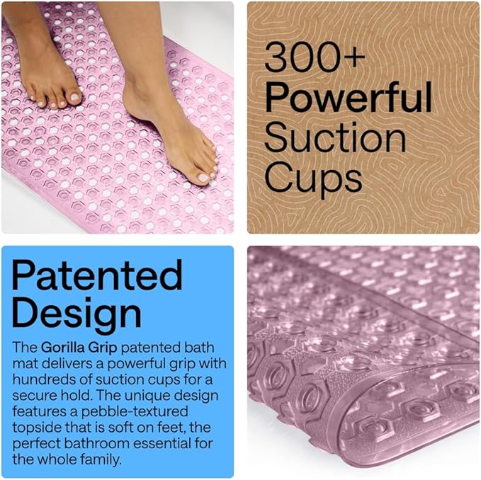 GORILLA GRIP Patented Bath Tub Shower Mat, Machine Washable Bathtub Floor Liner Mats, Suction Cups and Drain Holes to Keep Tubs Clean, Soft on Feet, Bathroom Essentials, 35x16 Inch, Clear Purple - Bloomnest
