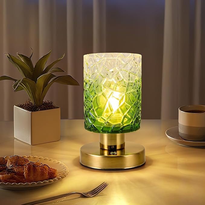 Battery Powered Lamp with Timer, Aesthetic Glass Cordless Lamps, Dimmable Rechargeable Lamp with Remote Control, Small Touch lamp for Nightstand Bedside Bedroom Living Room(Gradient Green) - Bloomnest