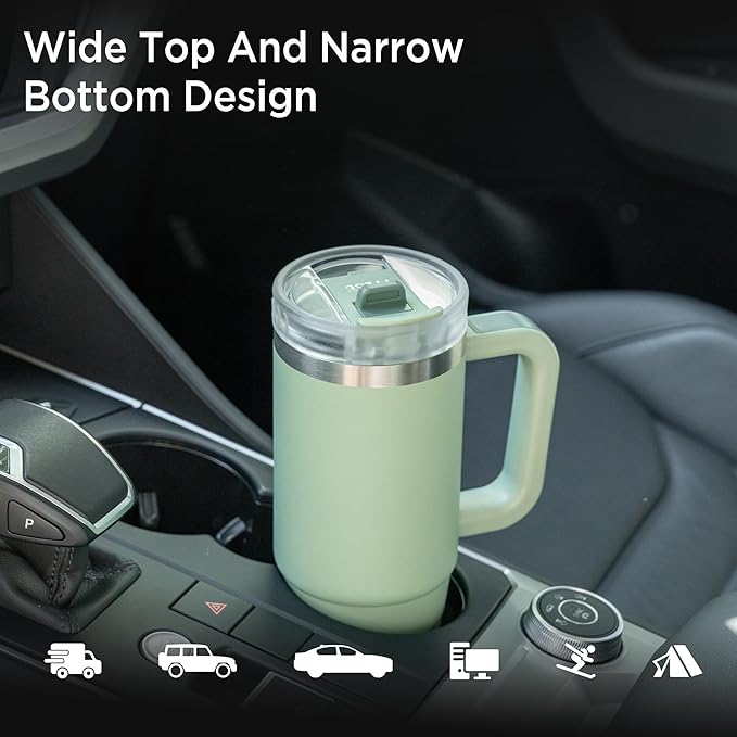 Tyeso 40 oz Tumbler with Handle, Straw and Lid - Leak Resistant Insulated Stainless Steel Water Bottle, Car Cup Holder Friendly Travel Coffee Mug Green - Gifts for Men & Women - Bloomnest