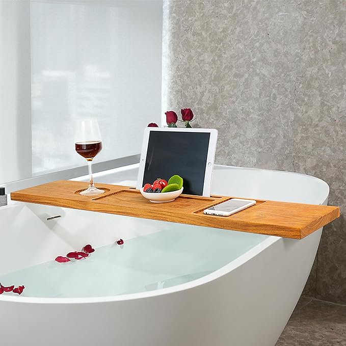 VaeFae Teak Bathtub Tray Table, Wooden Bath Board for Tub with Wine and iPad Holder - Bloomnest
