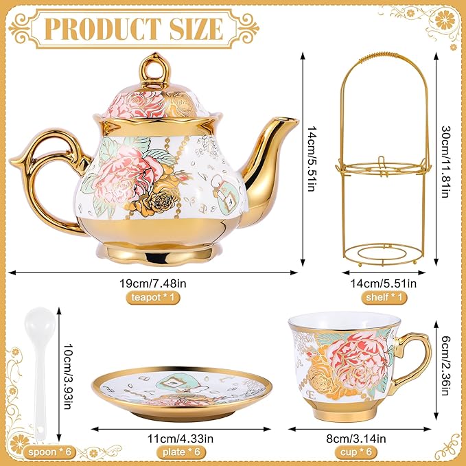 20 Pcs Porcelain Tea Set for Women, Vintage Teapot Set with Metal Holder and Spoons European Ceramic Flower Tea Sets for Home Family Gathering Tea Party - Bloomnest