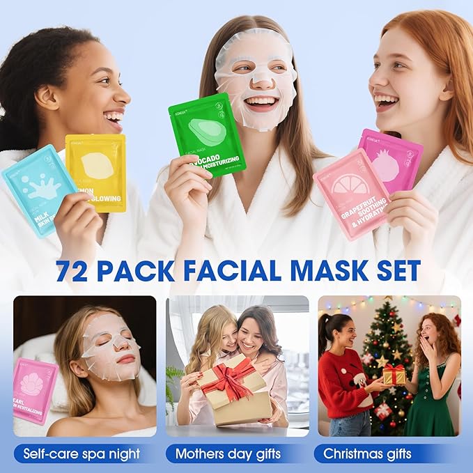 72 Pack Collagen Face Masks Skincare Set for Women, Hydrating & Moisturizing Face Mask for Skin Care, Bulk Sheet Face Masks for All Skin Types, Spa Party Gifts for Women - Bloomnest