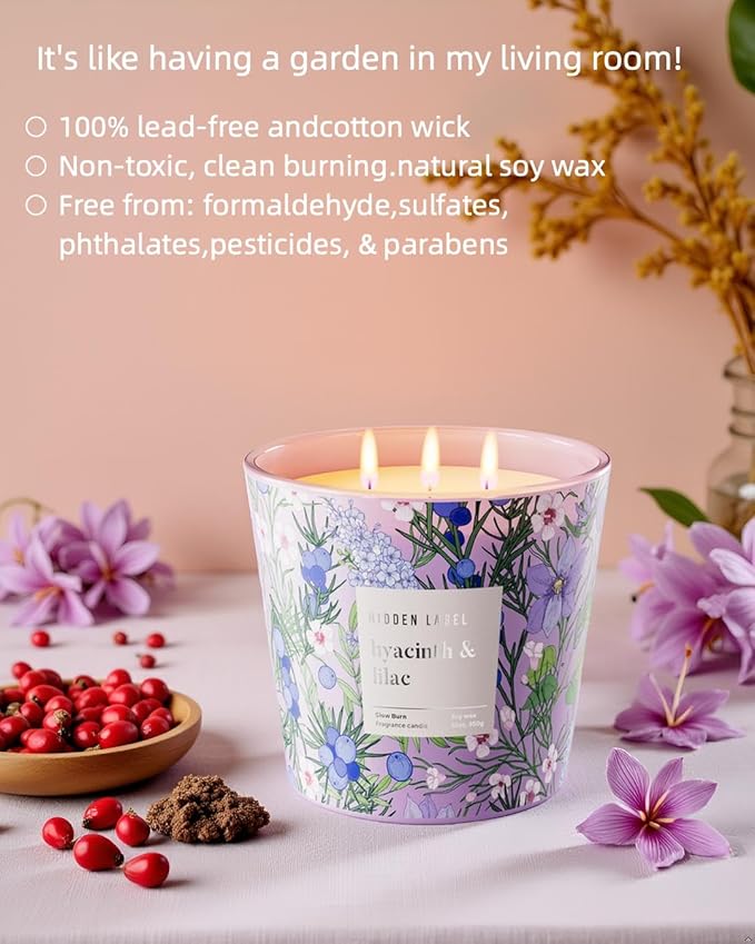 Hidden Label Hyacinth & Lilac Soy Candle, 3 Wick Large Candles for Home Scented, 30oz Natural Soy Candles Non Toxic, 100 Hour Burn Time, Aromatherapy Candle for Stress Relief, SPA, Larger Rooms - Bloomnest