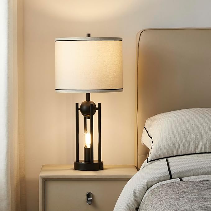 25'' Farmhouse Table Lamps for Living Room Set of 2 with USB C+A Ports, Vintage Bedside Lamp for Bedroom, Touch Lamps for Nightstand, Dual Lights Independent Switch, 4 Bulbs Included, Black - Bloomnest