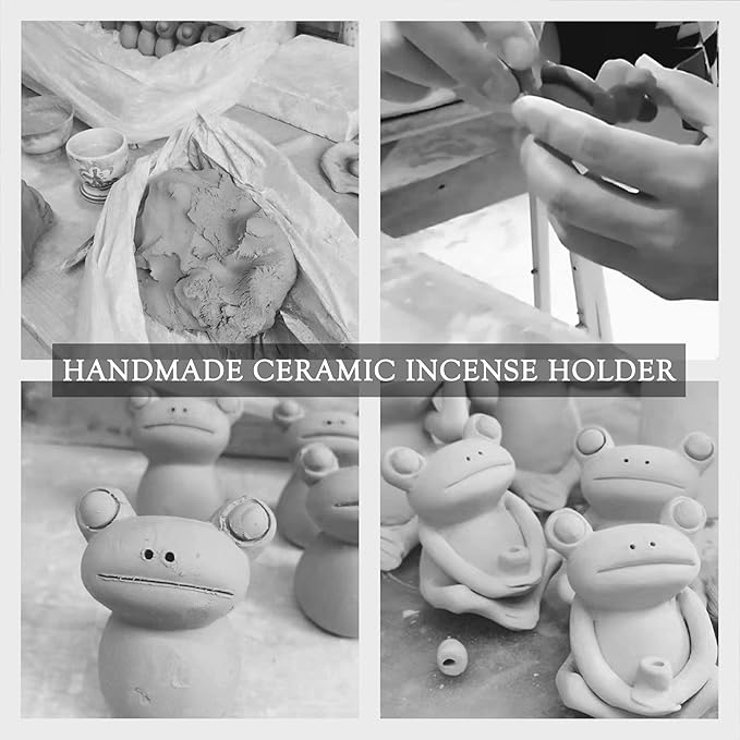 NAGU 100% Handmade Ceramic Stick Incense Burner Holder,Small Frog Incense,Lotus Leaf Tray,Mini Cute Animal Statue Home Incense Burner - Bloomnest