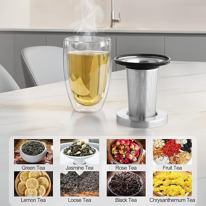 Glass Tea Cup with Infuser and Lid, Tea Infuser Mug in 12 OZ/350ML, Heat-Proof Double Wall Glass Tea Cup, 100% Plastic-Free Tea Mug with Lid and Strainer, Keeps Drinks Hot/Cold Longer Time - Bloomnest