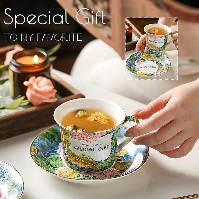ACMLIFE Tea Cup and Saucer Set for 1, Vintage Floral Bone China Tea Cup Set with Saucer 24K Gold, Porcelain Tea Cup with Spoon and Gift Box, 6.8 oz (Green) - Bloomnest