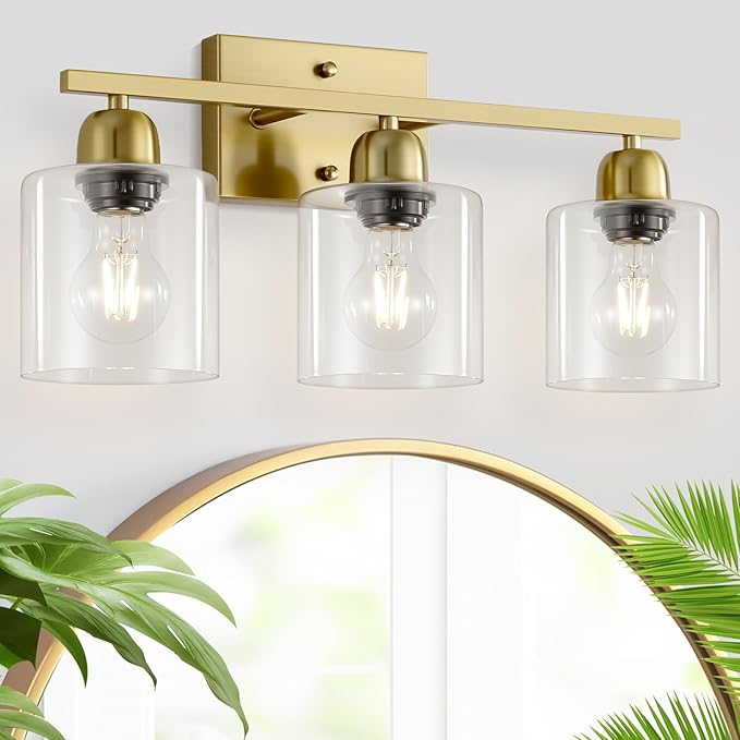 Modern Brushed Gold 3 Light Bathroom Light Fixtures, 19 inch Vanity Lights for Bathroom with Clear Glass for Mirror Kitchen Living Room Hallway Cabinet Porch - Bloomnest