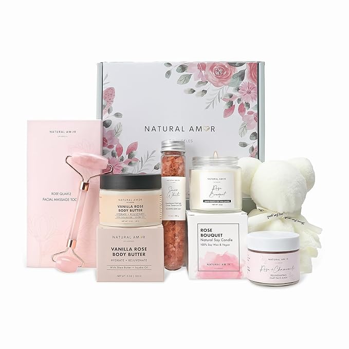 Natural Amor Rose Spa Gift Set – 6 pcs Handmade Self-Care Kit with Body Butter, Bath Salt, Clay Mask, Candle, Jade Roller & Bear Headband – Relaxation Gift for Women - Bloomnest