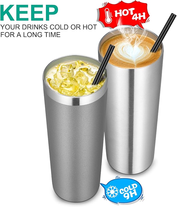 VEGOND Stainless Steel Skinny Tumbler, 20 oz Vacuum Insulated Tumbler with Lid and Straw, Double Wall Coffee Cup, Travel Mug for Cold Hot Drinks, Stainless Steel 1 Pack - Bloomnest