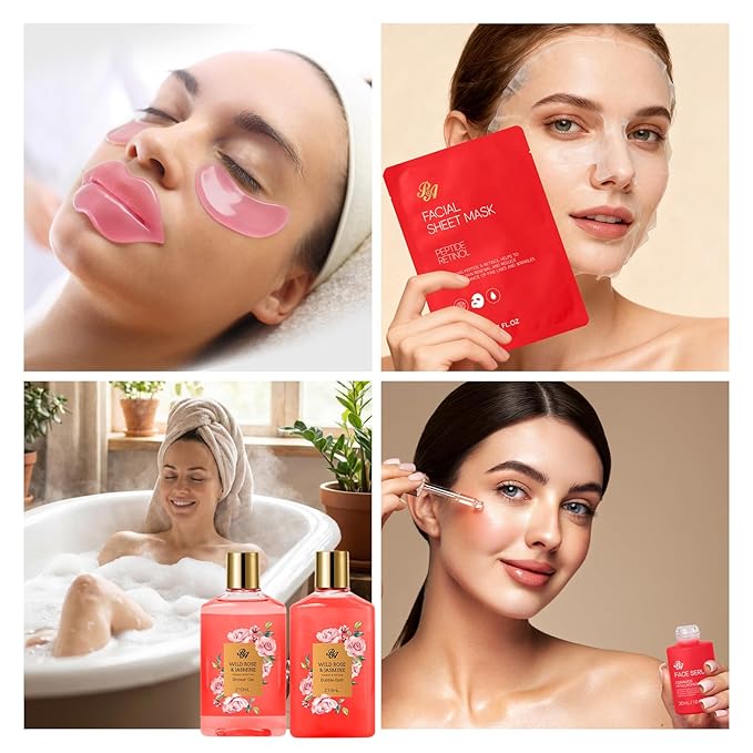 25 Pcs Valentines Day Gifts for Women, Red Rose Bath & Body Gift Set, Hydrating Skin Care Set, Luxury Self Care Gifts, Cosmetic Bag, Face Serum, Necklace, Christmas, Birthday, Mothers Day - Bloomnest