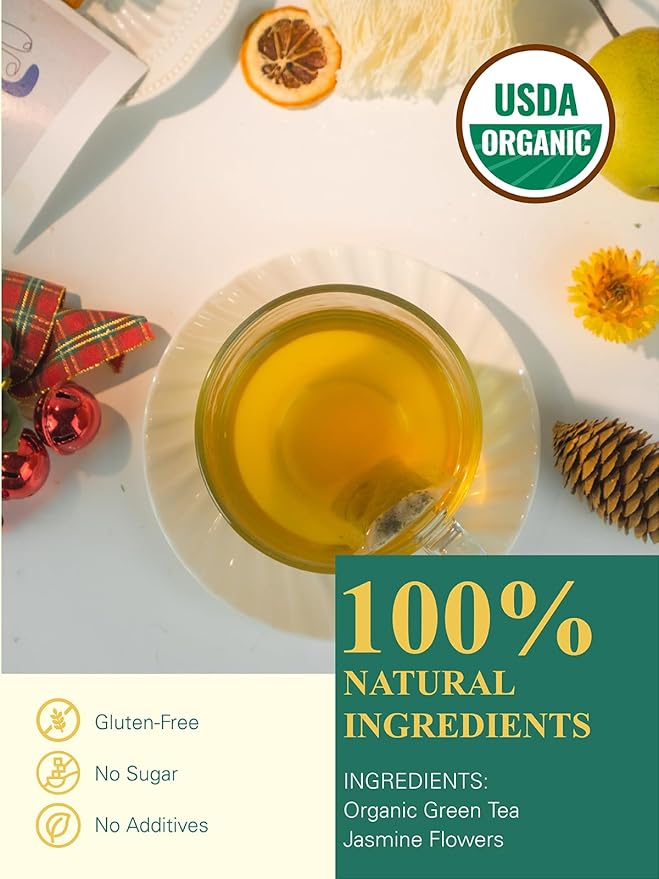 GLDNT Organic Jasmine Green Tea Bags, Organic Green Tea Scented with Jasmine Flowers, Floral Aroma & Smooth Taste, 100 Count - Bloomnest