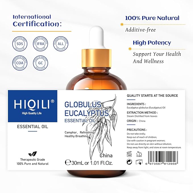 HIQILI Eucalyptus Essential Oil 1 Fl Oz, 100% Pure Natural Therapeutic Grade, Premium Grade Glass Dropper for Diffuser, Humidifier, Air Freshening, Cleaning, Home, Skin - Bloomnest