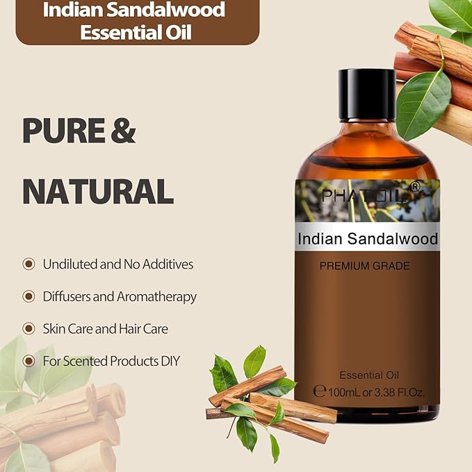 PHATOIL Indian Sandalwood Essential Oil, Pure Premium Natural Oil for Hair Care, Body Skin Care, Aromatherapy, DIY Candle, Soap Making 3.38Fl Oz - Bloomnest