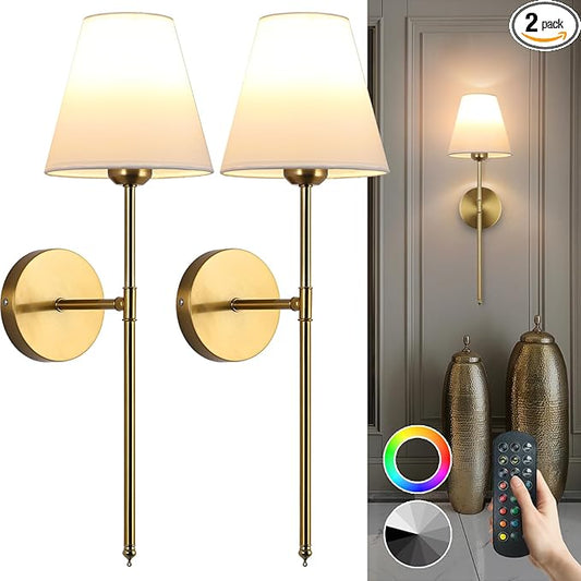 Battery Operated Wall Sconce Set of 2, 15 Colors Wireless Wall Light With Dimmable Remote Control Last 18-50 Hours, Gold Rechargeable Wall Lamp With White Fabric Shade For Living Room Bedroom Hallway - Bloomnest