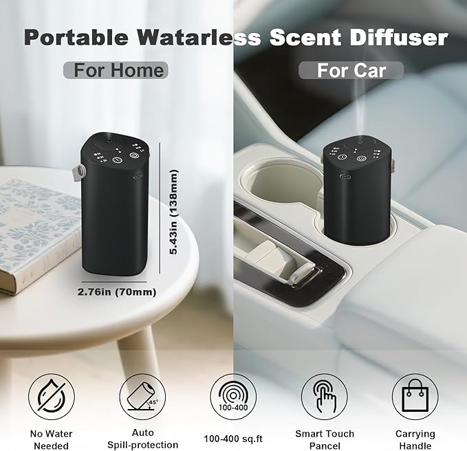 Waterless Essential Oil Diffuser with Handle, Scent Diffuser for Car Home Office Bathroom with Timer, Small Rechargeable Aromatherapy Diffuser, Portable Cordless Aroma Car Diffuser, Black - Bloomnest