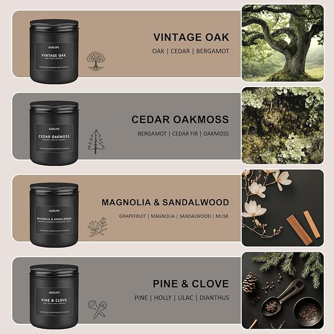 Scented Candles Set | Masculine Candle, Gifts for Men - Soy Candles for Home Scented - 4 Pack Aromatherapy Candle Gift - Scent of Vintage Oak/Cedar Oakmoss/Magnolia & Sandalwood/Pine & Clove - Bloomnest