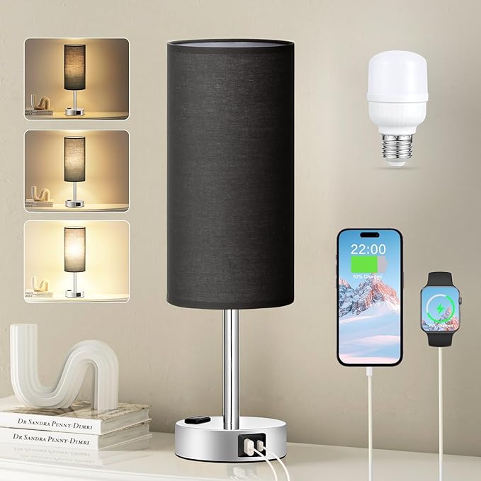 Black Bedroom Table Lamp for Bedside - 3 Way Dimmable Touch Lamp USB C A Charging Ports and AC Outlet, Small Desk Lamp for Nightstand for Living Room with Silver Base, Office Desk, LED Bulb Included - Bloomnest
