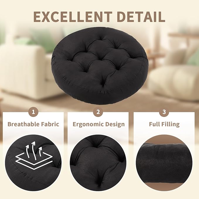 Meditation Floor Pillow, 2 Pack Round Floor Cushions for Adults, Button Tufted Seat Cushions for Yoga Tatami Living Room, Black, 22 x 22 x 4 in