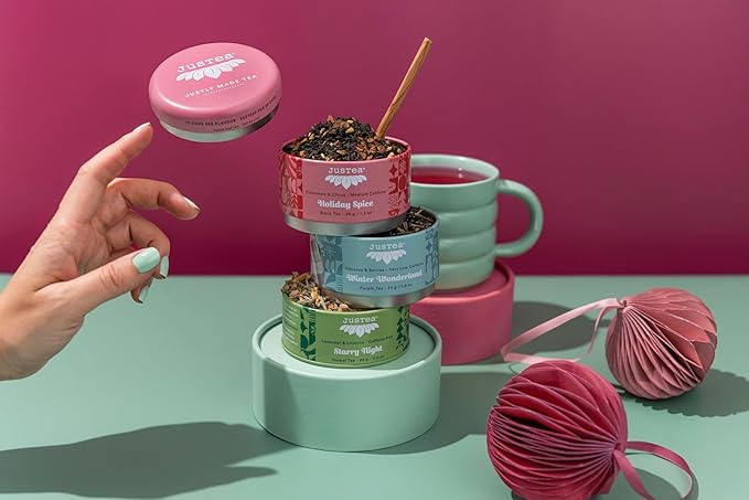 JusTea HOLIDAY TEA TRIO | Stacking Tins Variety Pack with Hand Carved Tea Spoon | Loose Leaf Tea | Variable Caffeine | Award-Winning | Fair Trade | Non-GMO - Bloomnest