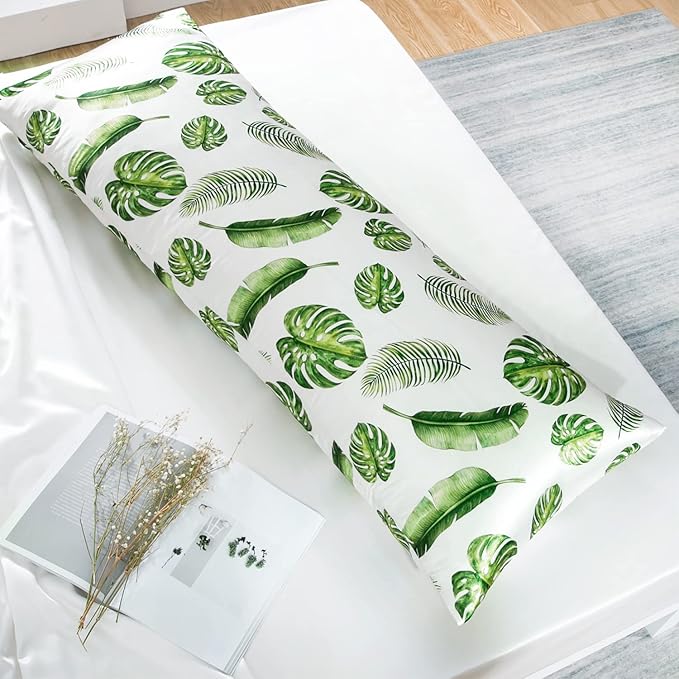 MR&HM Satin Body Pillow Cover, Soft and Breathable Body Pillow Case with Envelope Closure, Cooling and Silky Long Pillowcase for Hair and Skin,Grey (20x54, Leaves) - Bloomnest