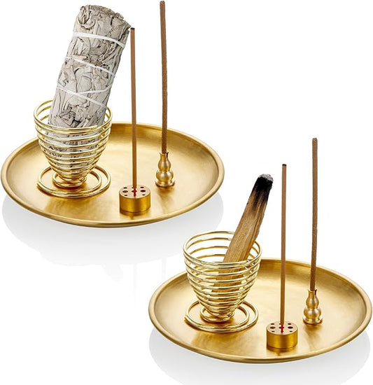ZenBless 5 in 1 Incense Burner, Palo Santo Holder, Sage Holder, Incense Sticks/Coil/Cones, 5.5 inches Brass Ash Catcher for Meditation Yoga Room (Gold_2pcs) ZenBless