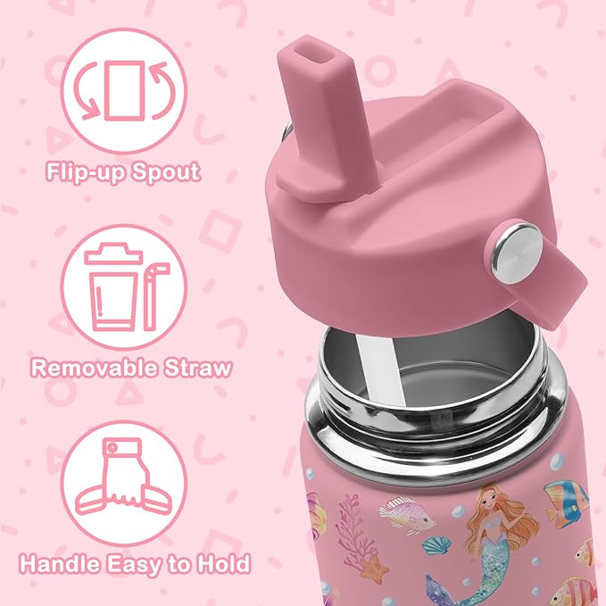 Mermaid Water Bottle, 16oz Little Mermaid Girls Stainless Steel Insulated Water Bottle with Straw Lid, Mermaids Cup Tumbler Gifts for Kids Girls - Bloomnest