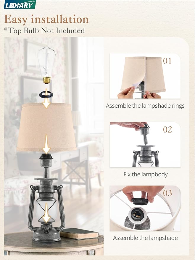 LEDIARY 18.72" Sliver LED Lantern Flickering Flame Table Lamps for Bedrooms Set of 2, Small Farmhouse Rustic End Table Lamps, Halloween Decorative Lantern Bedside Lamps for Living Room - Bloomnest