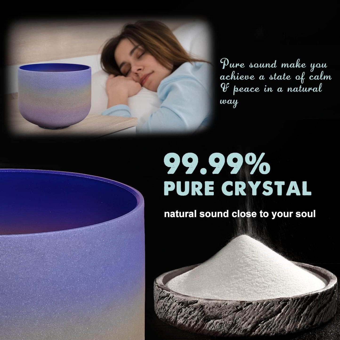 440HZ 6"-12" Set of 7 PCS Quartz Rainbow Crystal Singing Bowls Set Sound Healing with Carrying Case Mallet and Suede Striker