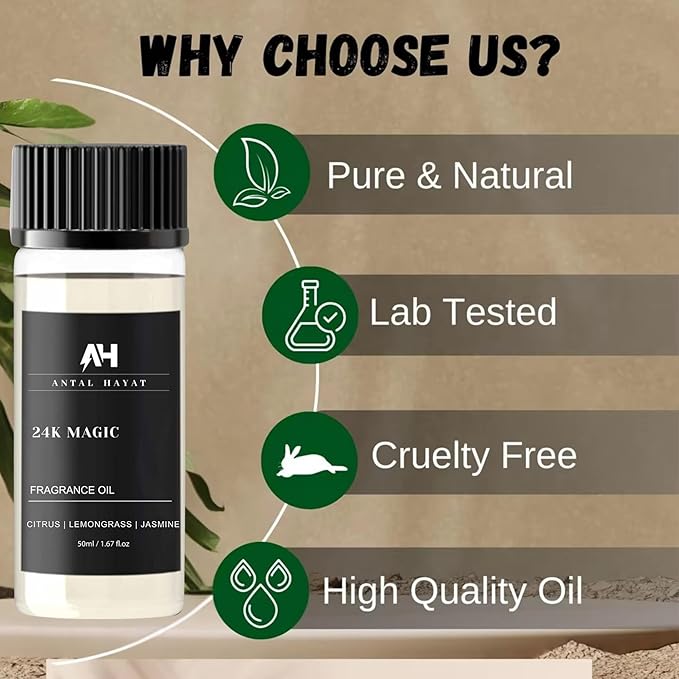 24K Magic Diffuser Oil 50ml – Hotel Inspired Aromatherapy Scent – Citrus, Lemongrass, Jasmine – Home Luxury Fragrance Oil by Antal Hayat – Essential Oil Blend for Diffusers - Bloomnest