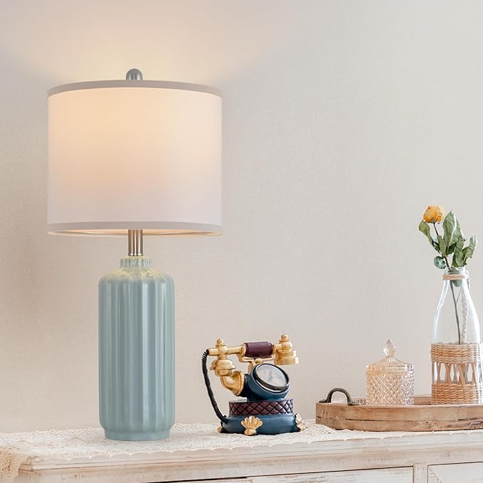 Lamp for Living Room Bedroom Lamps Farmhouse Table Lamps Set of 2 Vertical Stripe Ceramic Table Lamp,Linen Shade with Bulb, 25 in High,Light Blue - Bloomnest